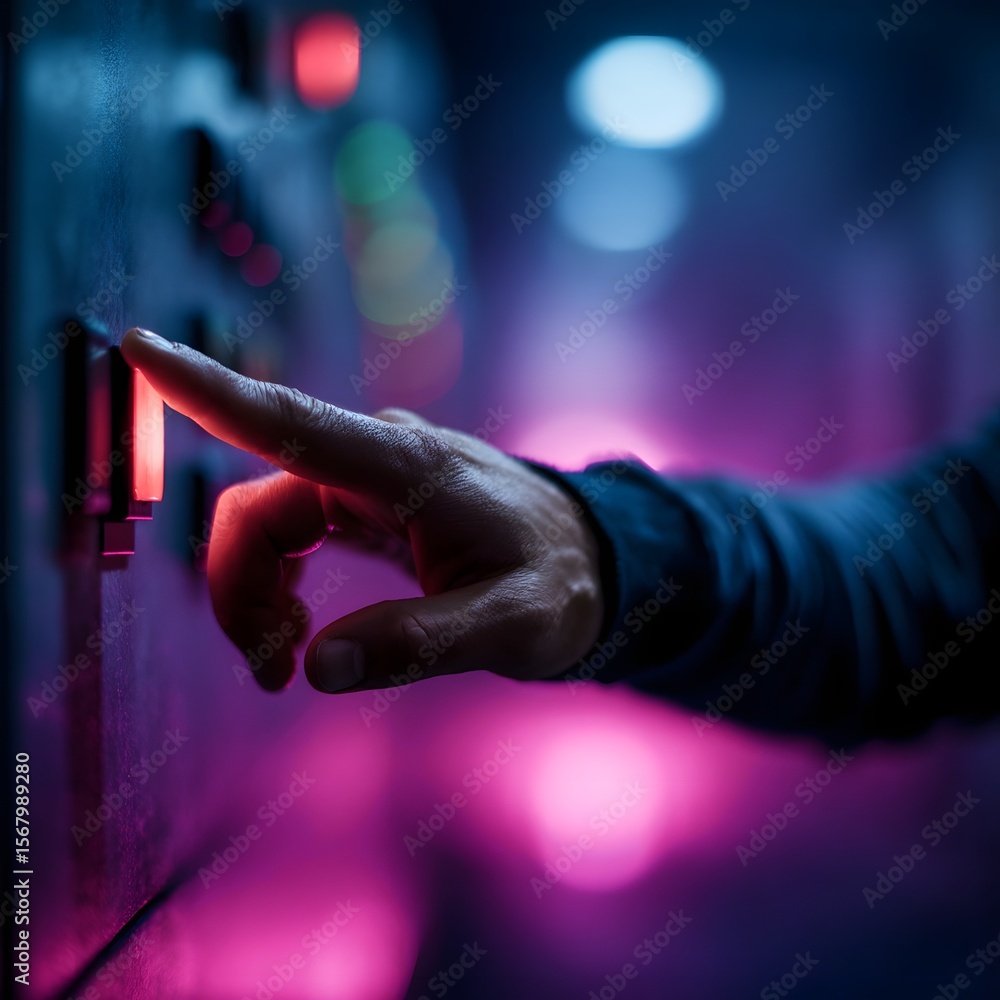 Poster a hand interacting with a futuristic control panel with virtual buttons in a neon lit environment
