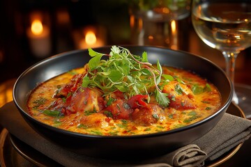 Fototapeta premium Moqueca, brazilian seafood stew in black bowl, creamy curry, chicken, vegetables, garnished with cilantro. Concept of moqueca, warm cozy atmosphere with soft lighting.