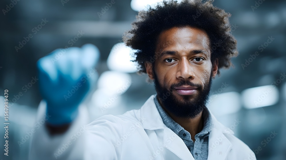 Poster an engineer calibrating environmental data through hologram in a clean room setting