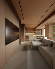 A stylish living room interior featuring modern designer furniture and elegant accessories, rendered in 3D	