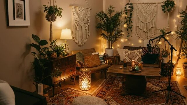 Cozy living room interior with plants, textiles, and soft lighting.