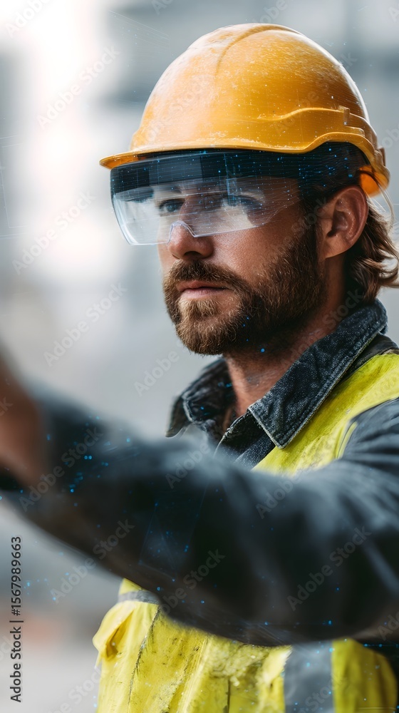 Poster construction worker in safety gear interacting with a floating ui panel on a building site