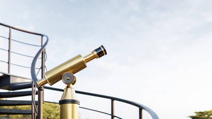A brass telescope mounted on a railing with a spiral staircase and sky in the background, suggesting an observation or lookout point.