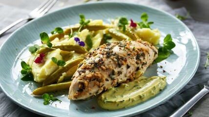 Herb-crusted tarragon chicken breast with creamy tarragon sauce served alongside buttery mashed potatoes and green vegetables on elegant blue plate