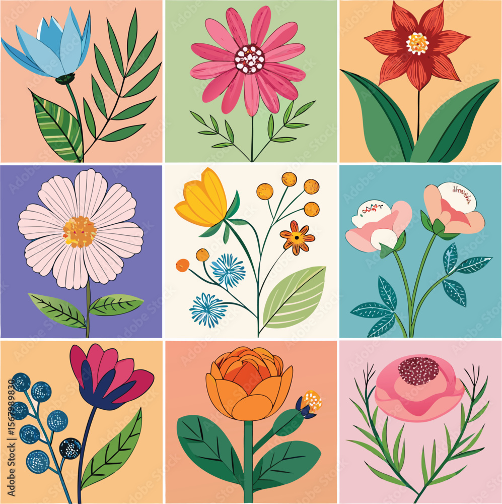 Poster a charming collection of nine distinct floral illustrations each presented in its own colorful squar