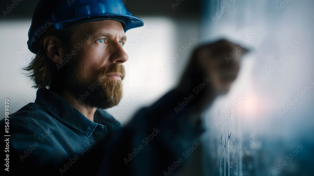 Poster an engineer reviewing wind turbine layout on a smart display