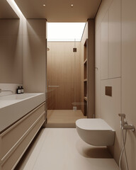 Side view of modern bathroom interior design with tiles beige walls and floor and soft lighting. 3D Rendering