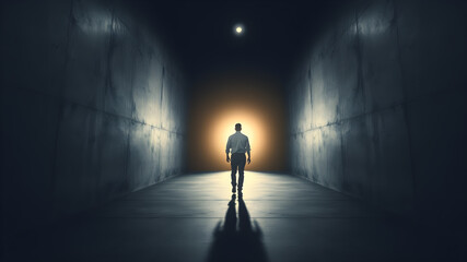 Man walks towards the light in dark empty space. Light at the end of the tunnel concept. Generative AI