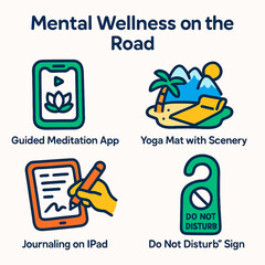 Illustrations depicting mental wellness practices for a healthy lifestyle on the go.