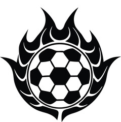 Obraz premium Dynamic black and white tribal flames engulf a classic soccer ball creating an energetic and iconic sports emblem design