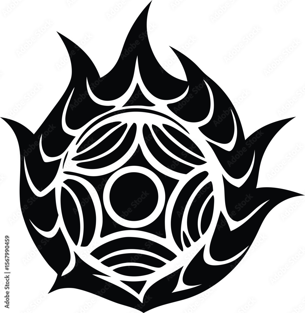Poster intricate black tribal flame design with a central circular pattern and sharp dynamic fiery elements