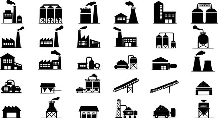 Industrial Factory Buildings Vector Illustration, Black and White
