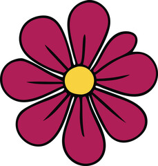 A simple stylized magenta flower with a bright yellow center and black outlines presented on a clean white background