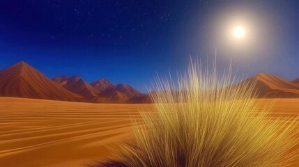 Desert landscape at night with a bright moon