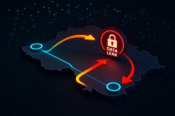 Data leak illustration with arrows and padlock on a dark background