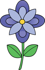 A stylized cartoon flower with layered purple petals and green leaves featuring a bright yellow center on a white background