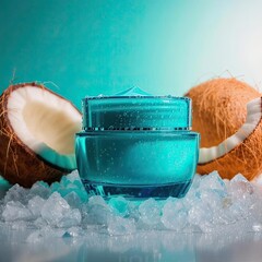 A vibrant turquoise cosmetic jar, adorned with droplets of condensation, placed on a bed of ice crystals - AI Generated Digital Art