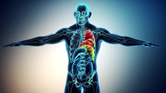 Anatomical illustration showing the human body with organs visible on blue background