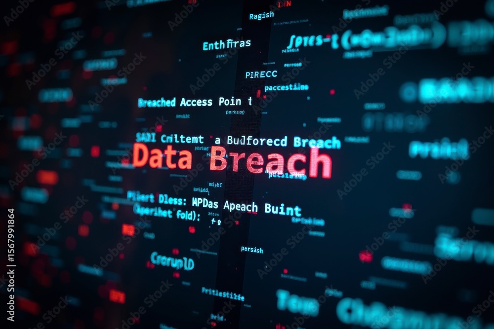 Poster a digital display showing the words data breach in red and blue text