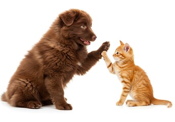 Obraz premium Playful Puppy and Kitten Giving High Five Against White Background