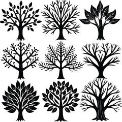 A collection of nine distinct black silhouette tree designs showcasing various styles from leafy to bare branches against a white background