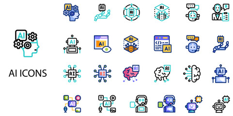 AI simple concept 24 icons set. Vector illustration.