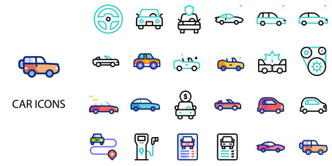 Car simple concept 24 hand drawn color icons set .Vector illustration.