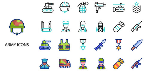 Army simple concept 24 color icons set .Vector illustration.