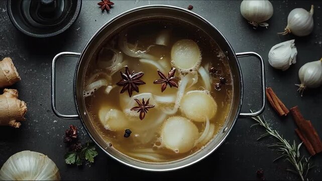 Broth preparation with vegetables and aromatic spices in a pot