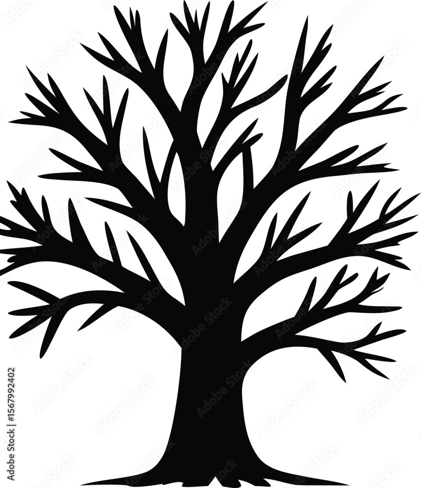 Poster a stark black silhouette of a deciduous tree with bare branches stands out against a clean white bac