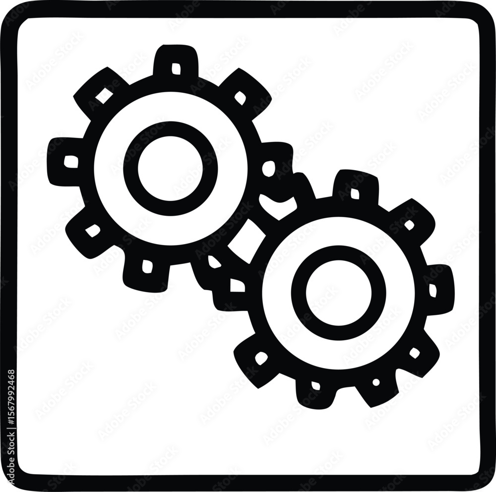 Poster two interlocking black gears representing mechanical systems and collaboration are depicted within a