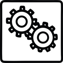Two interlocking black gears representing mechanical systems and collaboration are depicted within a thick black border on a white background