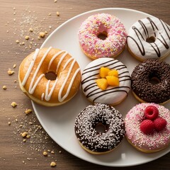 Assorted colorful donuts with sprinkles, chocolate drizzle, and fruit toppings placed neatly on a white ceramic plate, shot in a bright minimalist kitchen with natural window lighting, vibrant colors,