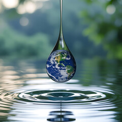 A teardrop-shaped water droplet containing, Earth rests on rippling teal water, view from above with soft lighting and a tranquil blur background.