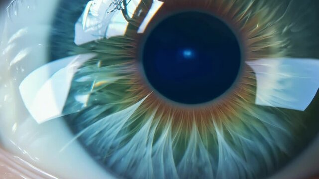 Close-up view of human eye with vibrant blue iris displaying natural texture patterns and detailed anatomical structure with visible eyelashes and surrounding skin