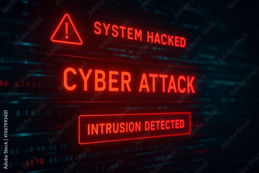 Poster red cyber attack alert with system hacked and intrusion detected text