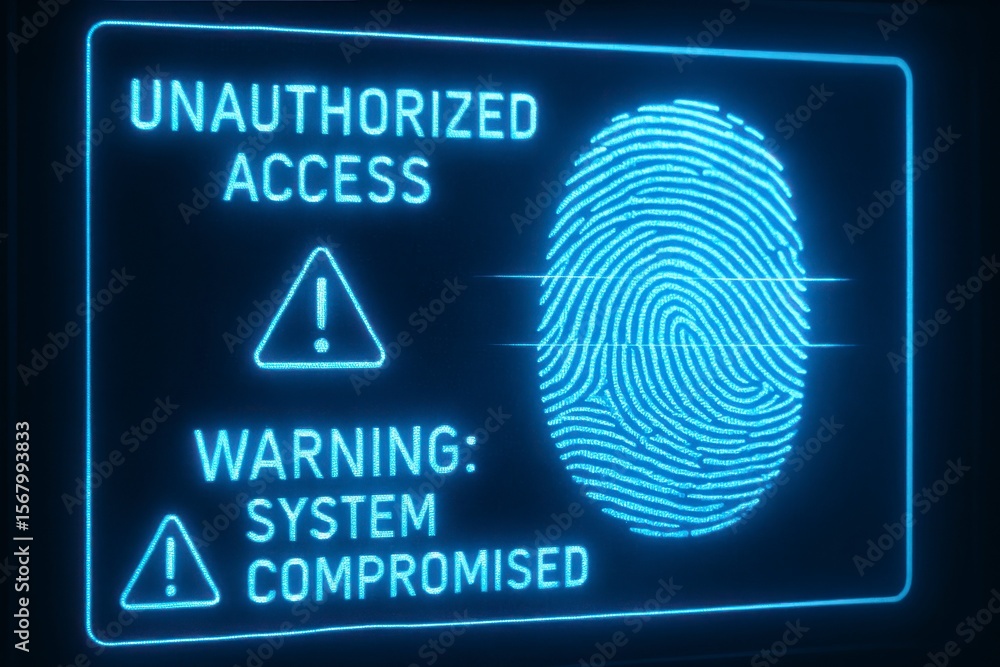 Poster blue screen showing unauthorized access with fingerprint and warning sign