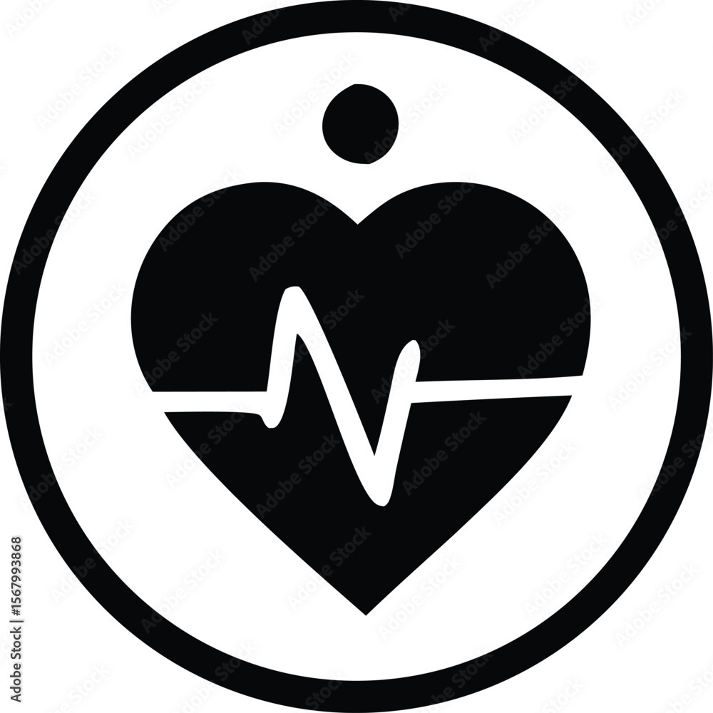 Poster a stylized black and white icon featuring a heart with a heartbeat line inside enclosed within a cir