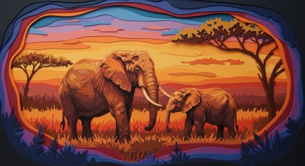 African Elephants at Sunset, a Layered Paper Art Creation