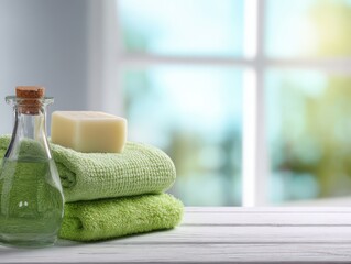 a spa still life with green towels, soap, and a bottle on a white wooden table against a blurred window background
