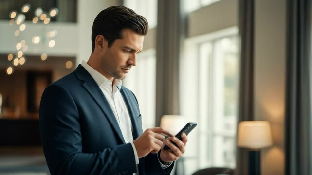 Focused Businessman in Blue Suit Using Smartphone in Hotel Lobby with Neutral Background and Modern Lighting During Daytime