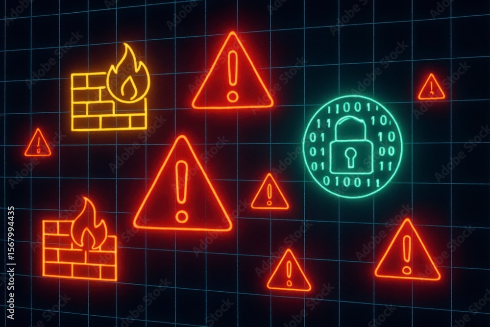 Poster glowing cybersecurity symbols on a grid background with warning signs