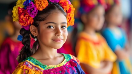 Fototapeta premium Smiling Young Girl in Vibrant Traditional Costume During Cultural Celebration perfect for diversity education campaigns, multicultural festival posters, heritage awareness visuals