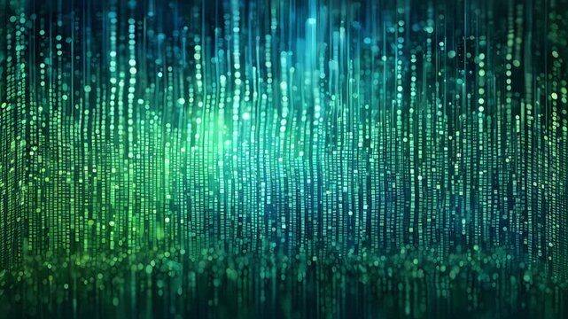 Abstract image depicting a digital rain teal green data streams, ideal technological futuristic concepts.
