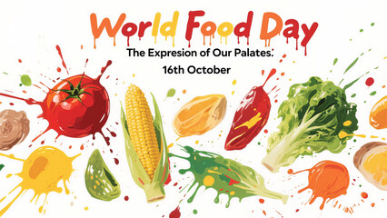 Splashing paint and fruits and vegetables represents food as a taste expression, used in cooking competitions and food culture promotion scenes.