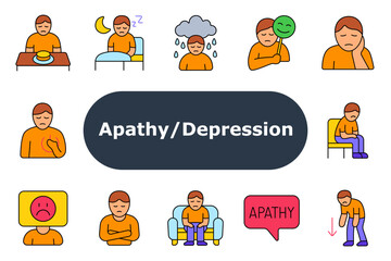 Depression set icon. Lack of appetite, sleep disturbance, sadness, fake smile, loneliness, fatigue, heart pain, emotionless, indifference, sitting still, speech bubble, slouched posture.