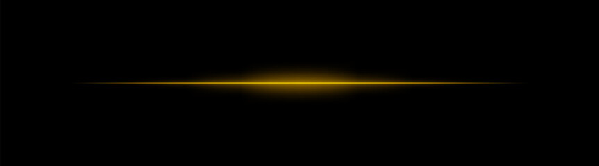 Thin golden laser beam across dark background with glowing center. Minimalistic horizontal light effect with sharp gradient and smooth fade at edges.