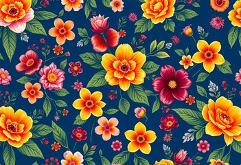 Seamless fantasy floral pattern, vibrant assorted blooms & leaves on a deep blue background, plant, vector