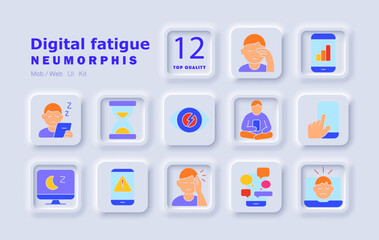 Digital fatigue set icon. Eye strain, screen time, overuse, burnout, stress, sleep disruption, device addiction, notifications, social media, tiredness, alert, pain, distraction, mobile overload.
