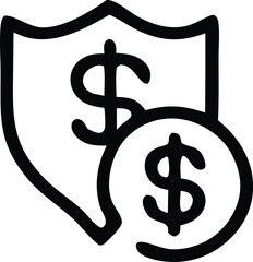 A simplified black outline icon depicts a shield protecting a dollar coin symbolizing financial security and investment protection
